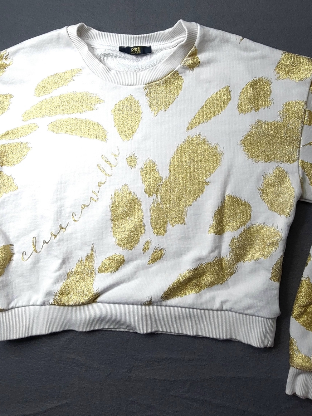 Cavalli Class White & Gold Metallic Print Womens  Sweatshirt Size L
